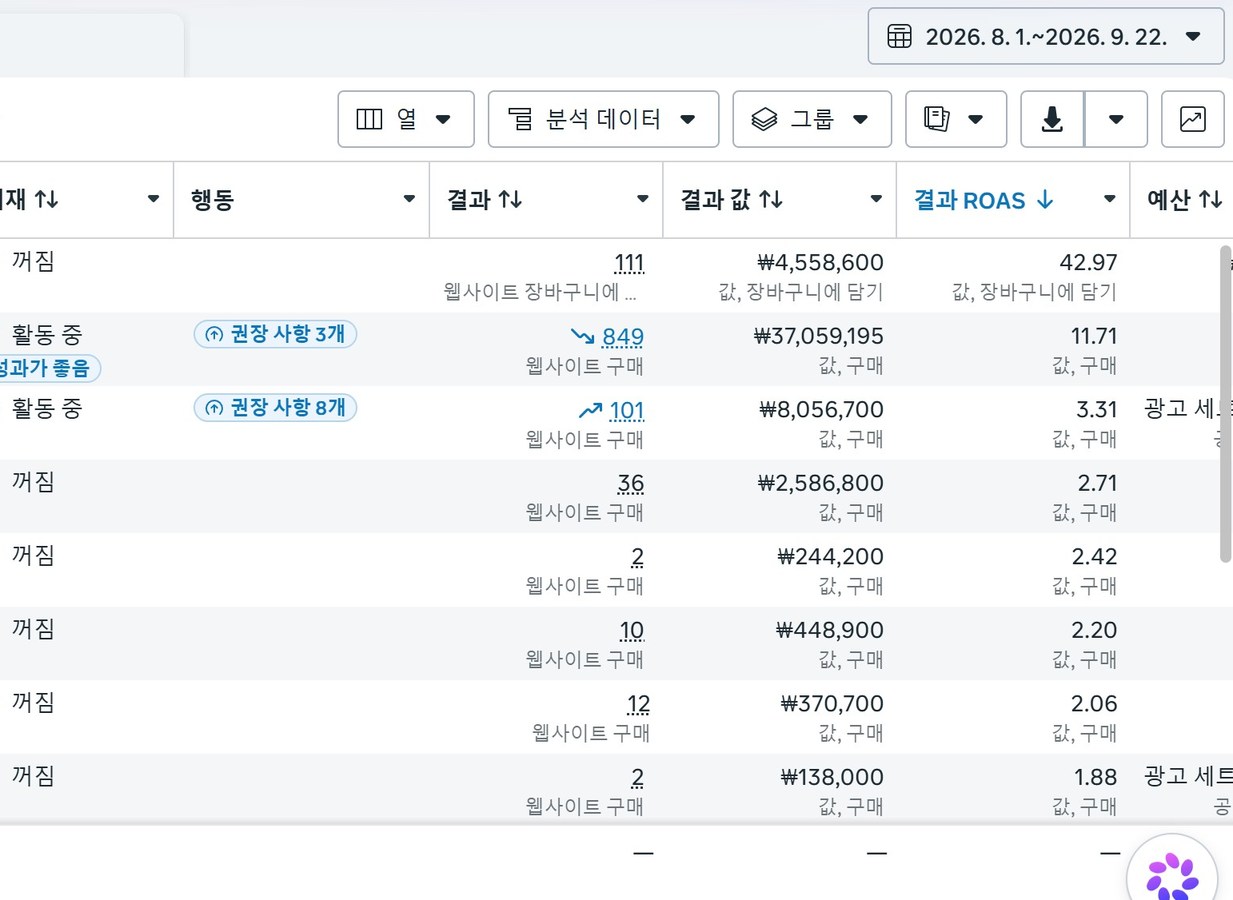 브랜드 및 캠페인명이 제외된 META 광고 관리자 성과 화면, 2026년 8월부터 9월
